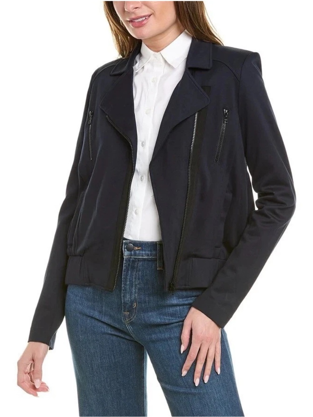 Cabi Chance Soft Stretch Knit Moto Jacket Womens Size Small Navy Flowy Back